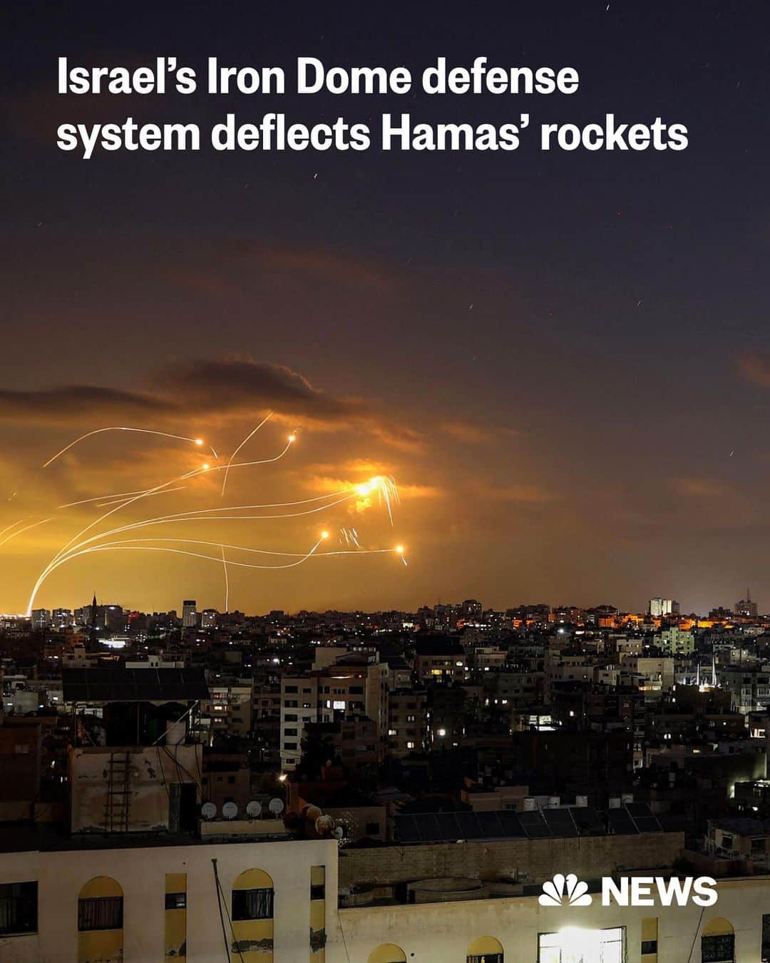 NBC Newsのインスタグラム：「The Iron Dome is a short-range air defense system that is known for reliably intercepting missiles, including rockets fired by Hamas militants.  It was developed by a state-owned defense technology firm in the mid-2000s with financial backing from the U.S. It became fully operational in 2011.  The death toll in Israel has surpassed 1,000, the Israeli Embassy in Washington D.C. says.  At least 830 are dead in Gaza and the West Bank, according to the Palestinian Health Ministry.   Follow along with live updates at the link in bio.  📷 Eyad Baba / @afpphoto via @gettyimages」