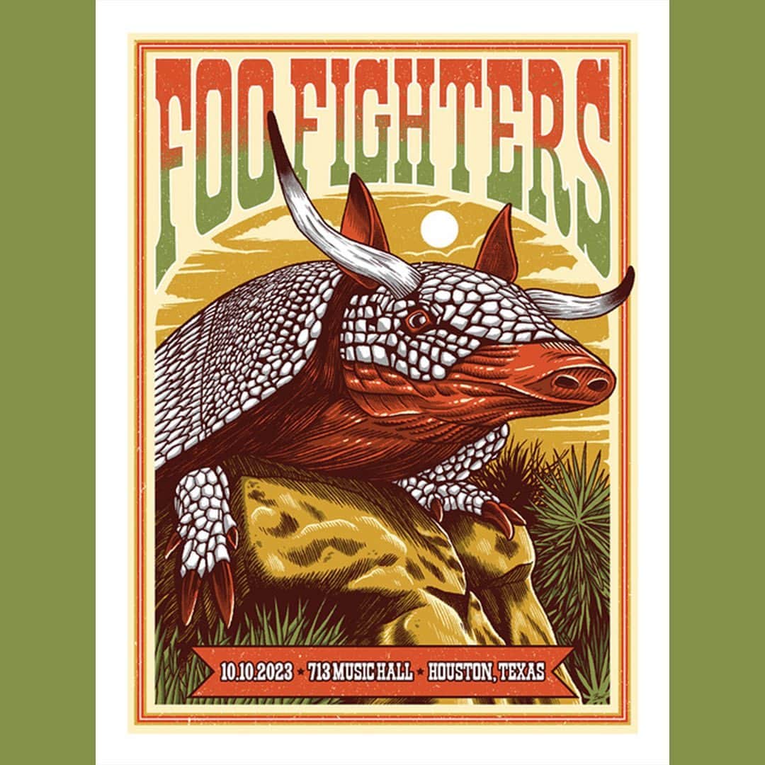 フー・ファイターズのインスタグラム：「HOUSTON!!! LET’S ROCK!!! 🤘  6:30pm Doors Open 8:00pm #FooFighters   🖌️ @bschoonyart」