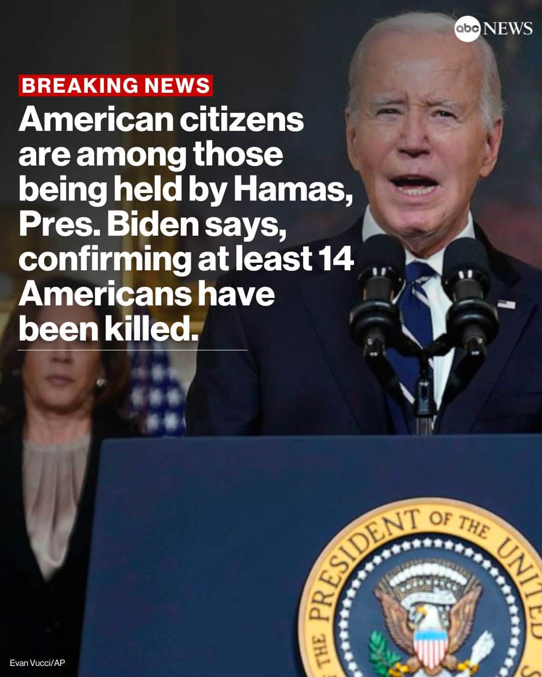 ABC Newsのインスタグラム：「BREAKING: At least 14 Americans have been killed in the fighting in Israel, Pres. Biden announced, confirming more are among those being held hostage by Hamas terrorists.  "We now know that American citizens are among those being held by Hamas," Biden said.  Read more at link in bio.」