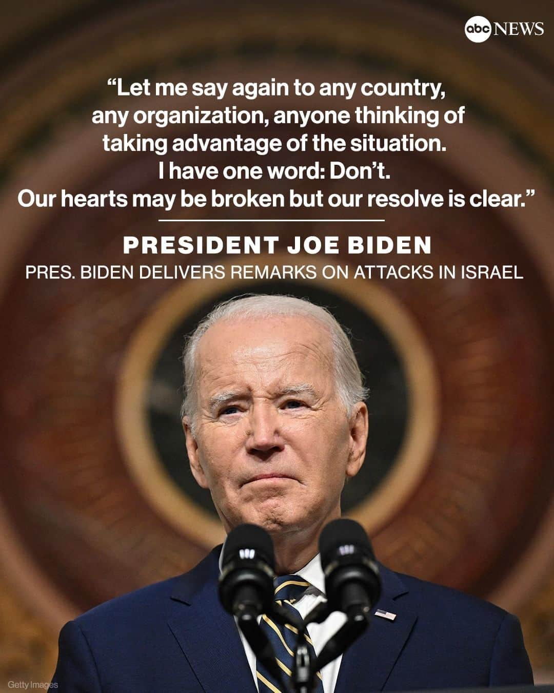 ABC Newsのインスタグラム：「“As president, I have no higher priority than the safety of Americans being held hostage around the world." — President Biden  Biden condemned the attacks by Hamas as the death toll in Israel rose to more than 1,000. Biden confirmed that 14 Americans were killed in the fighting in Israel and that more are among those being held hostage by Hamas terrorists.  “There is no place for hate in America," he said. "We stand with Israel."  Read more at the link in bio.」