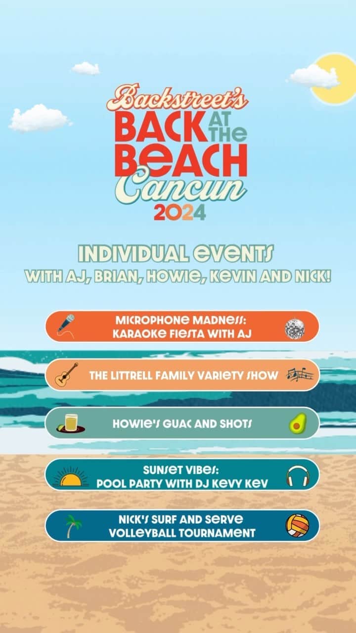 backstreetboysのインスタグラム：「The schedule for our epic beach party in Cancun has arrived! 🎉  Join us for a 3-day weekend of fun including our classic Backstreet gameshow, special events hosted by each of us, guest performances and DJ sets, and not one but TWO Backstreet performances! Our second “30-For-30” performance will be an entirely fan-voted setlist comprised of YOUR picks from the past 30 years of our discography. More info on voting for attendees coming soon. SEE YOU AT THE BEACH! 🌴 #BSBAtTheBeach   Tickets & more info at the link in our bio!」