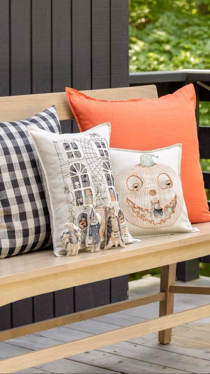 コーラル アンド タスクのインスタグラム：「Our Halloween pocket pillows have removable pals dressed up for Halloween! Puppy is dressed as vampire bat, kitty has a witch costume and Haunted House dog is very creative in a spider outfit. #coralandtusk #halloweendecor #halloweenpillows #spookystyle」