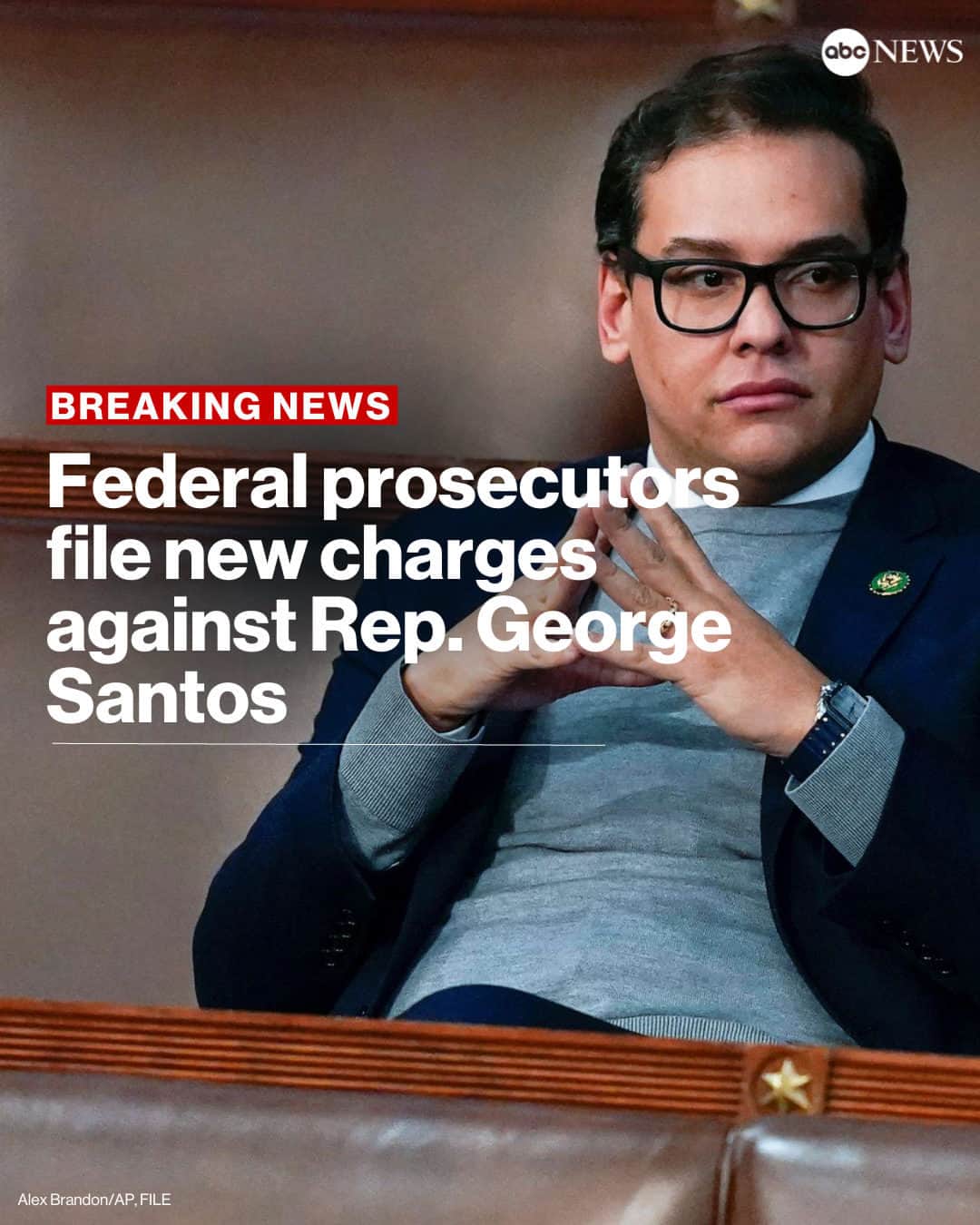 ABC Newsのインスタグラム：「Federal prosecutors on Long Island have filed new criminal charges against Rep. George Santos, accusing him of stealing people’s identities and making charges on his own donors’ credit cards without their authorization. Read more at the link in bio.」