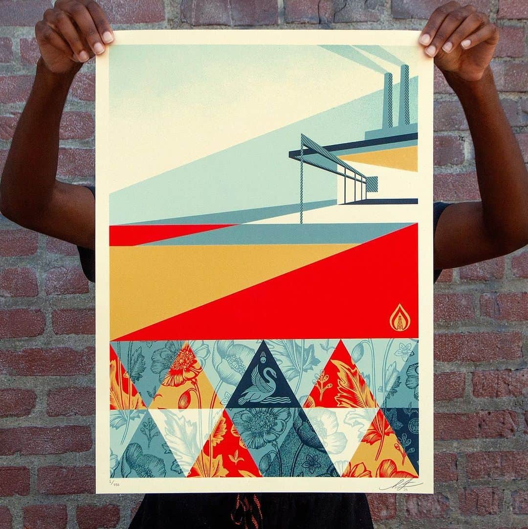 Shepard Faireyのインスタグラム：「NEW Print Release: “Pattern of Denial” Available Thursday, October 12th @ 10 AM PDT!⁠ ⁠ The Pattern of Denial print is an examination of image versus reality. The image is inspired by the sleek and idealized mid-century architecture of both deluxe homes and deluxe factories from which the power and products for these homes is generated. Endless power from fossil fuels was a naive driver of the American dream for several decades, but we know better now that there are environmental consequences to powering our deluxe lifestyles with fossil fuels. No matter how slick and seductive the packaging may be, fossil fuel corporations know that they are wrecking the planet… they know from their own internal scientific research, which they hid while telling the public “everything is fine and beautiful here.” Don’t be deceived or sedated… and vote with your conscience, not your lifestyle aspirations, because future generations lives depend on it! Without action, every hollow noise we make is our swan song. A portion of proceeds from this print will benefit @greenpeaceusa to support their efforts to fight climate change. Thanks for caring!⁠ –Shepard⁠ ⁠ PRINT DETAILS:⁠ Pattern of Denial. 18 x 24 inches. Screen print on thick cream Speckletone paper. Signed by Shepard Fairey. Numbered edition of 550. Comes with a Digital Certificate of Authenticity provided by Verisart. $65. A portion of the proceeds will be donated to Greenpeace USA. Available on Thursday, October 12th @ 10 AM PDT at https://store.obeygiant.com. Max order: 1 per customer/household. International customers are responsible for import fees due upon delivery (Except UK orders under $160).⁣ ALL SALES FINAL.」