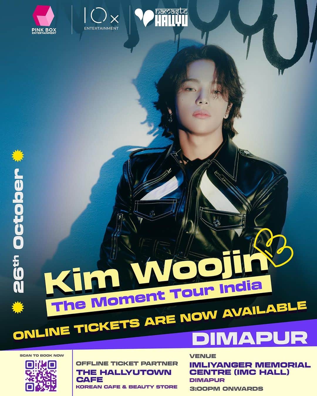 のインスタグラム：「Hello Nagaland! I am coming to Dimapur on October 26th for an exclusive fan meeting and mini concert! I look forward to seeing you there!   Scan the QR code or head over to the link available on @pinkboxevents for online tickets! Get your offline ticket from The Hallyutown Cafe  @thehallyutowncafe  . . . . #WoojininIndia #WoojinTheMoment #pinkboxevents #namastehallyu #WoojinIndia」