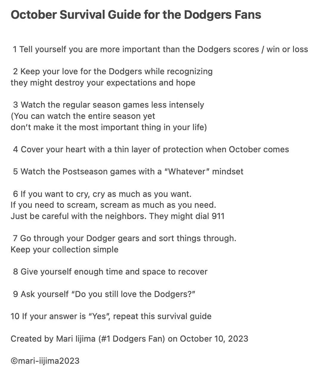 飯島真理さんのインスタグラム写真 - (飯島真理Instagram)「October Survival Guide for the Dodgers Fans Created by Mari Iijima (#1 Dodgers Fan) on October 10, 2023 ©️Mari-iijima2023 #dodgers」10月11日 10時20分 - mari_iijima_official
