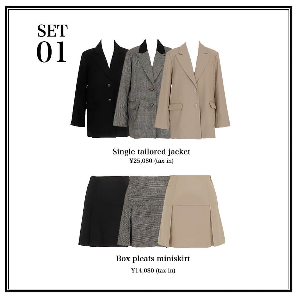 のインスタグラム：「𝐒𝐄𝐓 𝐔𝐏 𝐒𝐄𝐑𝐈𝐄𝐒  今季一推し！「２大ジャケット&スカート」  SET 01:  #シングルテーラードジャケット 肩先にはパッドを施し、シャープな印象のピークドラペル仕様で、秋らしいクラシカルな雰囲気を醸します。  #ボックスプリーツミニスカート 一見台形スカートのようなコンパクトなフォルムですが、歩くたび動きの出るボックスプリーツ仕様で、デザイン性の高いスタイリッシュな一枚に。  ＿＿＿＿＿＿＿＿＿＿＿ ✔︎ @ambient_styling #AMBIENT #ambient_official #ambientstyle #アンビエント #23aw #セットアップ #ジャケット #プリーツスカート #ミニスカート #秋アウター」