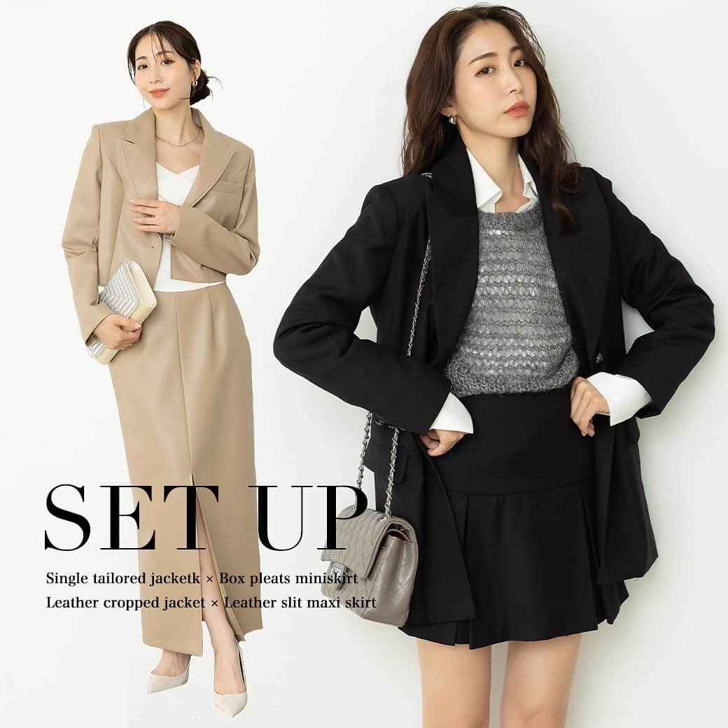 のインスタグラム：「𝐒𝐄𝐓 𝐔𝐏 𝐒𝐄𝐑𝐈𝐄𝐒  今季一推し！「２大ジャケット&スカート」  SET 01: #シングルテーラードジャケット #ボックスプリーツミニスカート  SET 02: #レザークロップドジャケット #レザースリットマキシスカート  💡おすすめ着回しスタイリングをご紹介した特集ページも公開！TOPページからご覧頂けます📄  ＿＿＿＿＿＿＿＿＿＿＿ ✔︎ @ambient_styling #AMBIENT #ambient_official #ambientstyle #アンビエント #23aw #セットアップ #ジャケット #プリーツスカート #ミニスカート #秋アウター」