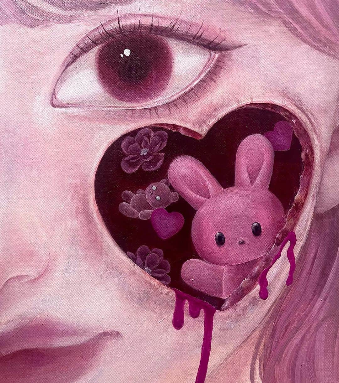 haruchartのインスタグラム：「🩷🩷🩷  血も肉も可愛いよ もうちょっと描くけどひと段落した  #art#artwork#illustration#kawaii#ロココ#pink #イラスト #アート #油彩#haruchart #oilpaintingoncanvas」