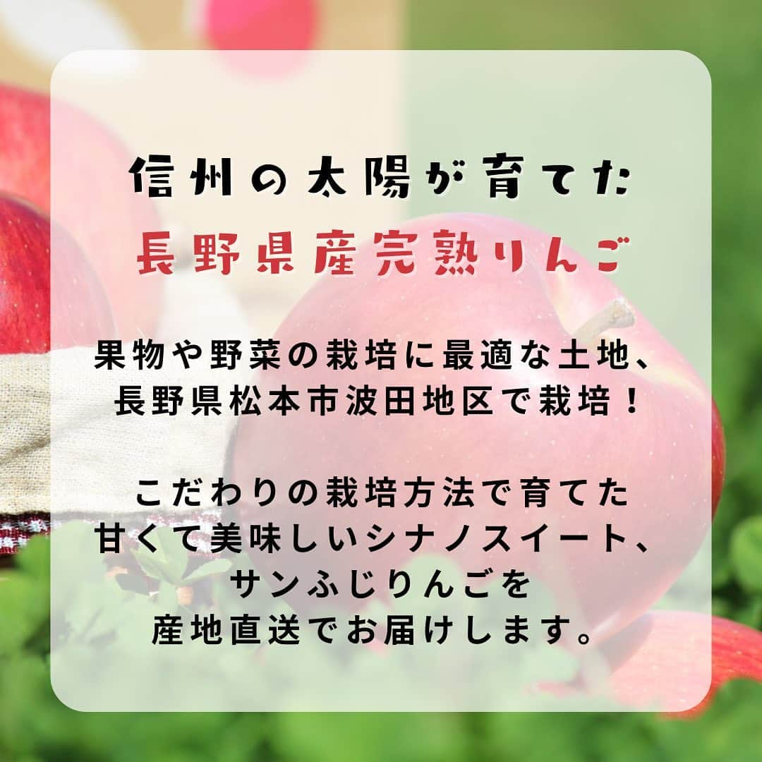 Sumifruさんのインスタグラム写真 - (SumifruInstagram)「🍎今が旬の食べごろ完熟りんご🍎  スミフル公式通販「スミフル美味しいマルシェ」から おすすめ商品のお知らせです！  今回ご紹介するのは、長野県産『樹上完熟りんご』🍎 果物や野菜の栽培に最適な土地、長野県松本市波田地区で栽培した、甘くて美味しいりんごの名ブランド『シナノスイート』と『サンふじりんご』を産地直送でお届けいたします🌟  こだわりポイントは樹上完熟🌳 樹上完熟とは…果物をギリギリまで樹上で完熟させることで、甘さを引き立てる完熟方法。 最大限に甘くなったりんごは、丁寧に手作業で収穫されお客様の元へお届けします。  ご注文時期に合わせて収穫したばかりの品種をお届けいたします🚛 糖度が高く香りの良いシナノスイート🍎：10月上旬〜下旬 果汁が多く芳香で蜜の詰まったサンふじ🍎：11月中旬〜下旬 （※収穫時期は目安となっております。）  信州の環境にやさしい農産物認証を持った生産者が、発酵肥料を使用し土の酸化を防ぎ健全で健康な土づくりの上、安心安全で美味しいりんご作りにこだわっています。  美味しい季節のフルーツをお取り寄せできるのは『スミフルの美味しいマルシェ』🌟 とびきりおいしい農産物を皆様にお届けしているので、ぜひサイトを覗いてみてくださいね。  #りんご #長野産 #産地直送 #フルーツ #旬のフルーツ #果物 #おやつ #お取り寄せ #秋の行楽 #お弁当 #スミフル #マルシェ #スミフルの美味しいマルシェ #ギフト」10月11日 18時00分 - sumifru_banana