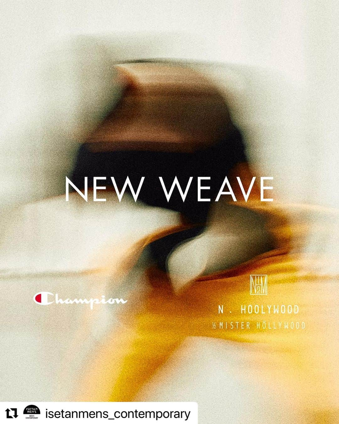 N.ハリウッドのインスタグラム：「#Repost @isetanmens_contemporary   【POP UP】  N.HOOLYWOOD × Champion "NEW WEAVE" 2023.10.11(Wed) - 10.17(Tue)  【N.HOOLYWOOD × Champion】 Championのプロダクトをベースに新たな解釈で実験的に再構築・デザインしたカプセルコレクションを展開するN.HOOLYWOOD × Champion。  本来、縦に使われる編み生地を横方向に使用することで縦縮みを防ぎ(REVERSE WEAVE®️製法)、両脇部分には縦のガゼットを配したエクスパンションガゼットを採用することで横方向（身幅）の縮みにも対応する、Champion の特徴的なREVERSE WEAVE®️のルールに則りながら再設計。ニューコンセプトでありながら別軸となるプロダクトを製作する「NEW WEAVE」は2021年のN.HOOLYWOOD × Championローンチより人気シリーズとして継続的に発表しております。  第四弾目となる今シーズンの「NEW WEAVE」は、REVERSE WEAVE®︎の80’s~90’sのアイテムにフォーカス。当時のディテールやカラーを取り入れながら、前シーズンから引き続き立体裁断を用いてアイテムを製作。 人気のフーデッドスウェットシャツ・クルーネックスウェットシャツ・スウェットパンツは、今シーズンのコンセプトに合わせてデザインをアップデート。さらにジップアップフーデッドスウェットシャツ・モックネックスウェットシャツの新型を加えた、全5型を2023年10月11日(水)に発売いたします。    #ISETAN #ISETANMENS #伊勢丹 #伊勢丹メンズ  #misterhollywood #champion」