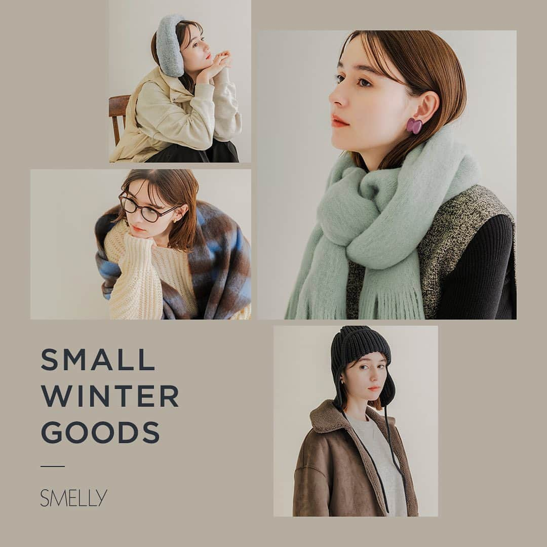 SMELLYのインスタグラム：「Small Winter Goods｜SMELLY  空気が少し肌寒くなってきて、いよいよ本格的な秋冬ムードに。 SMELLYでは、今年大注目の冬小物がラインナップ！ ぜひチェックしてみてください◎  ＿＿＿＿＿＿  #smellyjp#accessory#winter #hat#stole#earmuffs#cap#gloves #スメリー#帽子#バケットハット #マフラー#ストール#フライトキャップ #イヤーマフ#ベレー帽#冬コーデ」