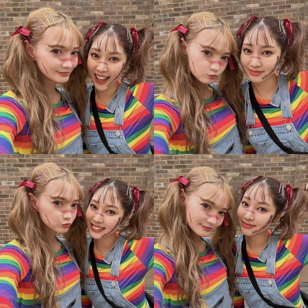 渚のインスタグラム：「.  ユニバ楽しかった〜💓 今年はチャッキーで🌈 3人で髪型もおそろい🫶  .  #ユニバ #ユニバコーデ#usjコーデ #ユニバーサルスタジオジャパン#usj #ユニバハロウィン #チャッキーコーデ #チャッキーコスプレ #ハロウィン」