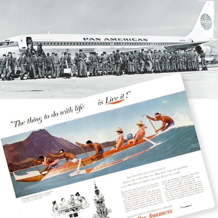 マリブシャツのインスタグラム：「𝙈𝙞𝙙𝙬𝙚𝙚𝙠 𝙈𝙚𝙢𝙤𝙧𝙞𝙚𝙨 🛩️ Starting in 1927 with a vision, some single engine aircraft and a few trans-oceanic routes, Pan Am's emphasis on image and branding created the "jet-setter" lifestyle. On April 17, 1935, the S-42 Pioneer Clipper skimmed to the first ever landing in Hawaiian waters after a flight from Alameda, California that lasted 17 hours and 44 minutes. Offering luxury to both domestic and international travelers, Pan Am has left behind a legacy of comfort and sophistication that still resonates today.」