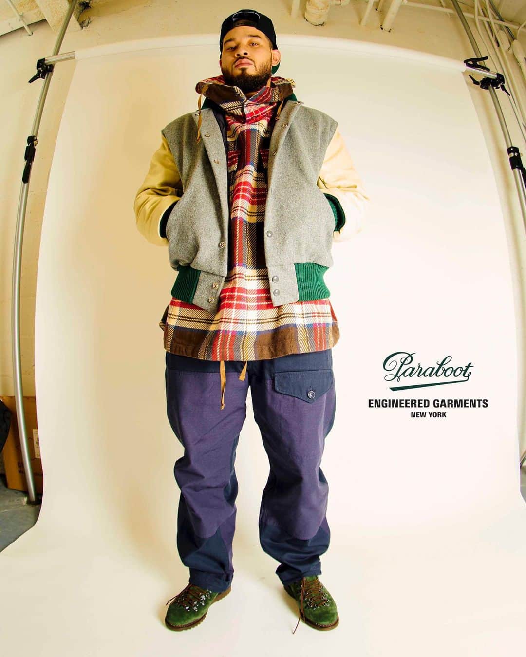 のインスタグラム：「[Special Release] Engineered Garments and Paraboot present the new collaborative take on the Clusaz. Daiki Suzuki signature use of rugged mountaineering d-ring lacing system paired with round elastic laces, topped with metal lace locks bring a level of utilitarianism to the classic silhouette. Available in two rough suede colors, Olive and Black. The Engineered Garments Paraboot Clusaz will be released October 13, 2023 at all Nepenthes stores and select Paraboot retailers. @paraboot_official  @engineered_garments_official  @nepenthes.official」