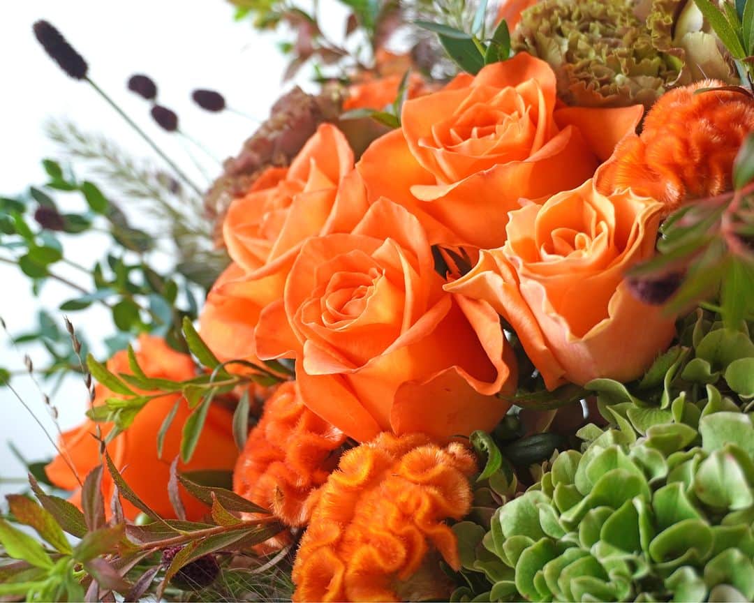 AOYAMA_HANAMOさんのインスタグラム写真 - (AOYAMA_HANAMOInstagram)「こちらの花束では2種類のオレンジのバラを使用しています。 ひとつは濃いオレンジが鮮やかなスタンダードなシルエットのキングスディ。もうひとつはフリルがかった花びらにオレンジの優しいグラデーションが特徴のカルピデューム。 同じオレンジのバラでも色味や咲き方が異なる品種を合わせることによって、光の当たり方に違いが生まれ、奥行きや立体感を演出しています。 花の細やかな違いをいかした、繊細な花合わせをお楽しみください。 - - - #aoyamahanamo #青山花茂 #お花のある生活 #花が好きな人と繋がりたい #花を飾ろう #花のある暮らし #花のあるくらし #花のある日常 #癒しの花 #季節の花 #旬の花 #花とおうち時間 #花贈り #フラワーギフト #花の贈り物#バラ #トルコキキョウ #ケイトウ #紫陽花 #ハイドランジア #ユーカリ #雪柳 #ワレモコウ #オーダーメイドブーケ #青山花茂おまかせブーケ #花束 #ブーケ #季節の花束 #ナチュラルブーケ #秋の花」10月11日 18時00分 - aoyama_hanamo