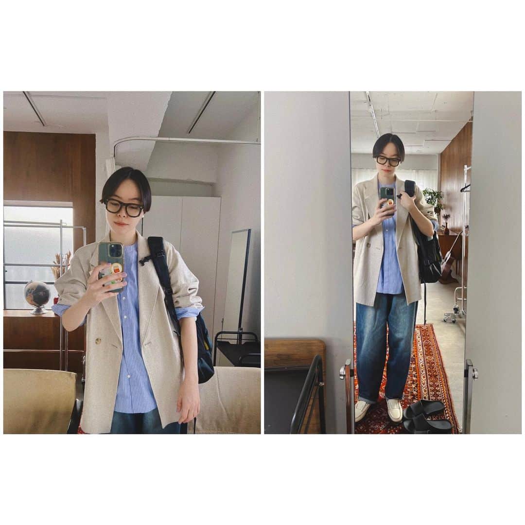 Kanocoのインスタグラム：「今日の洋服は、 conges payesコラボシャツの ブルーストライプを着ました👔 涼しくなってきて、 ジャケットとも合わせられるように✨ シャツ&ジャケットを、 デニムとバックパックでカジュアルに。 もう少ししたらカーディガンとか、 ニットものに合わせたいなぁ🧶」