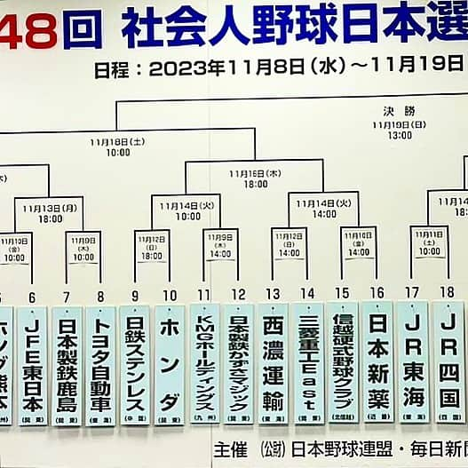 渡辺俊介のインスタグラム：「#日本製鉄かずさマジック  #社会人野球日本選手権大会  本日執り行われた抽選会にて 初戦は大会2日目2試合目 11月9日　14:00〜vs KMGホールディングス に決まりました。  チーム一同しっかりと準備して参ります。  #かずさ4市  #君津市 #木更津市 #富津市 #袖ケ浦市」