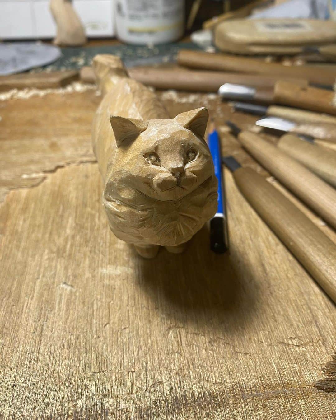 yamanekoさんのインスタグラム写真 - (yamanekoInstagram)「猫は普通でもモフモフなのに長毛ちゃんと来たらとんでもなくモッフモフです。 猫の毛が硬くならない様に、柔らかくフワフワになる様に願いながら慎重に彫りました。 ようやくモッフモッフの😹いい季節になったね  北九州の卑弥呼さんで11月3日から企画展があります。リクエストお応えして  @design_gallery_himiko   #ねこ#ねこ部 #長毛猫 #モフモフ #猫彫刻 #木彫り猫#ねこすたぐらむ #バンナイリョウジ #cat#catstagram #catsculpture #woodworking#woodsculpture #catcarving #woodcarving #ryojibannai」10月11日 21時17分 - yamaneko5656