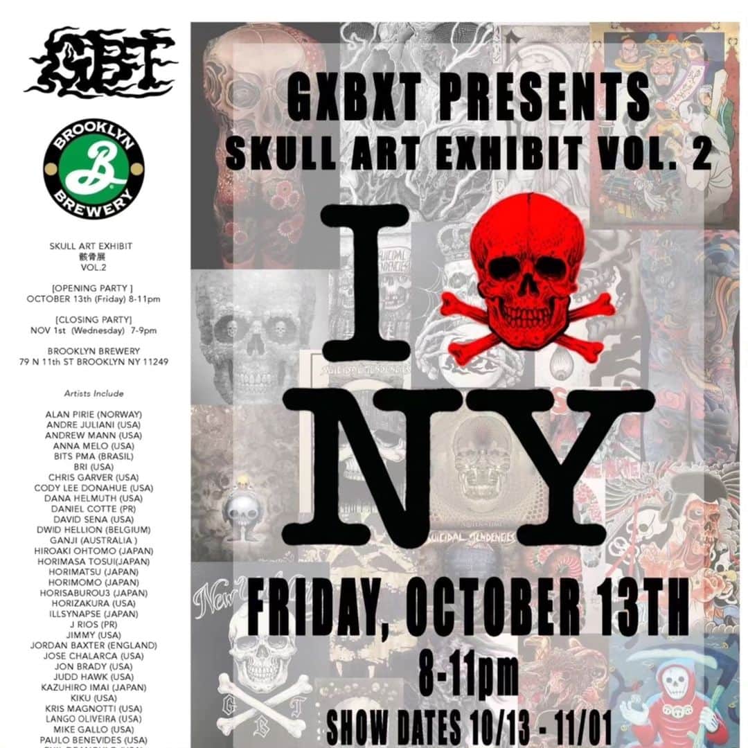 Z李のインスタグラム：「ニューヨークのブルックリンで開催されるSKUL ART EXHIBITION、髑髏展にGxBxTさんに招待してもらったのでSTUDIO SOKAIの参戦決定。  有名アーティストたくさん来るから達磨描かないか勧誘する作戦。  基本的にみんな絵なんだけど租界からは、達磨とコラボTシャツを販売。  13日からなのでNYにいる人は是非遊びに来てね。俺は行くか迷い中。  ※スタジオは休みません  @gxbxt365 @gxbxt  . . . #tattoo #art #exhibition #skull #daruma #darumadoll #新宿租界 #極開運達磨 #ny #newyork」