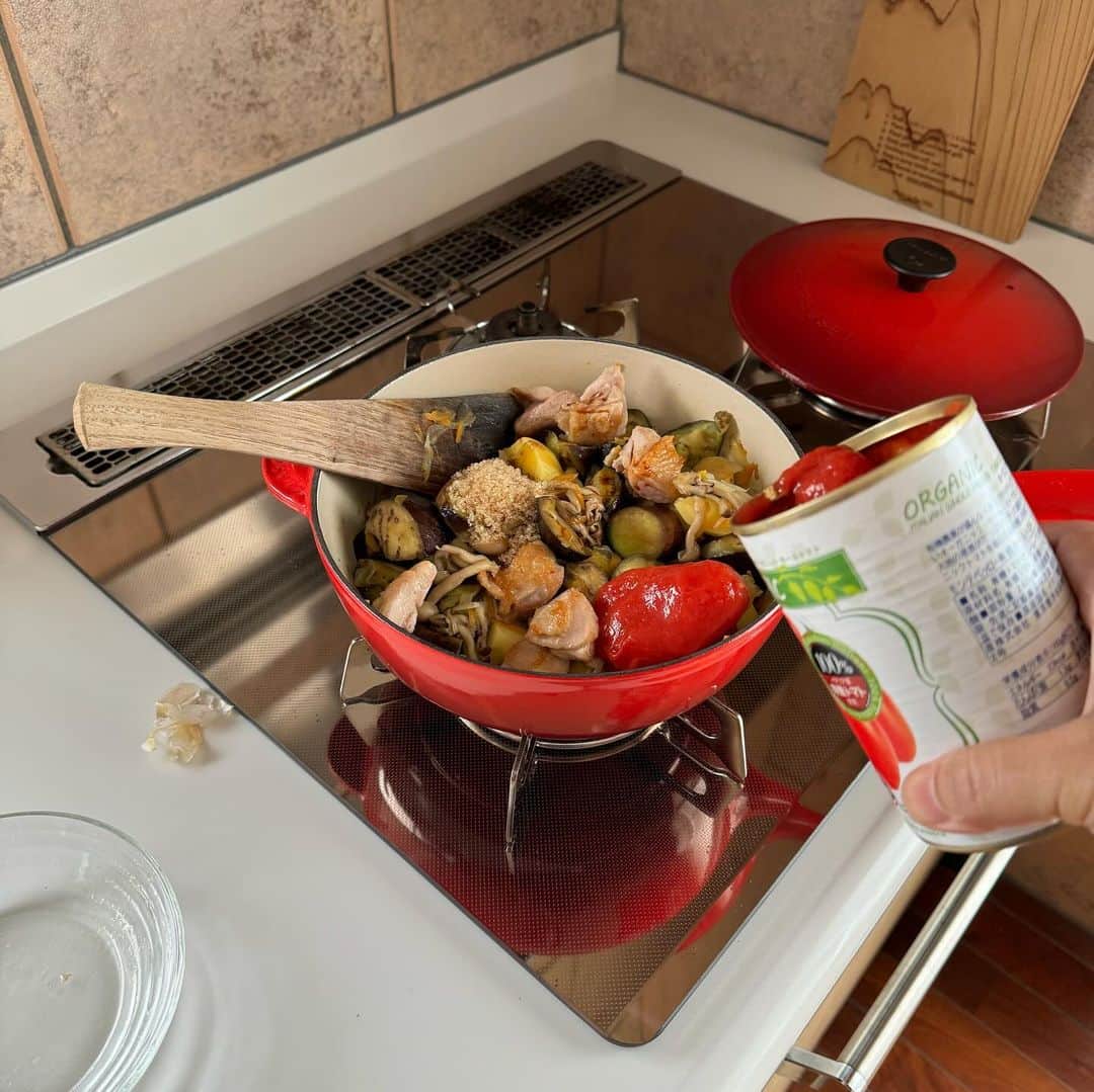 Tesshiさんのインスタグラム写真 - (TesshiInstagram)「野菜たっぷり鶏肉のトマト煮込み Tomato chicken stew #yummy #homemade #healthy #stew #tomato #chicken #veggies #おいしい #煮込み #チキン #茄子 #トマト缶 #野菜 #マカロニメイト #フーディーテーブル #手作り  オリーブオイル大1〜、鶏肉200g〜＋塩胡椒(一旦取り出す)、オリーブオイル追加、にんにく1かけ、赤唐辛子1本、玉ねぎ1/2個、にんじん1/2本、茄子2本、きのこひとつかみ、じゃがいも1個、さっき焼いた鶏肉、しょうゆ大1、砂糖大1、酒orワイン大1、トマト缶1缶400g(弱火で煮込む)、塩小1/2〜で調整、バター、黒胡椒、好きなチーズ(粉でも溶けるのでも何でもオッケー)など 1~ tbsp olive oil, 200g~ chicken with salt and pepper(remove), more olive oil, 1 clove garlic, 1 chili, 1/2 onion, 1/2 carrot, 2 eggplants, a bunch of Shimeji mushrooms, 1 potato, pan-seared chicken, 1 tbsp soy sauce, 1 tbsp sugar, 1 tbsp sake or wine, 1 canned tomatoes 400g(simmer on low with a cover), 1/2~ tsp salt, butter, pepper and Parmigiano Reggiano…  最後に麺🤤」10月11日 22時13分 - tmytsm