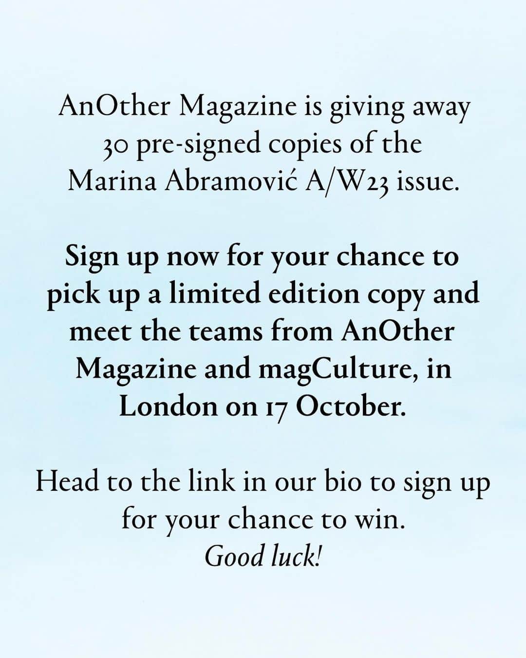 AnOther Magazineさんのインスタグラム写真 - (AnOther MagazineInstagram)「On 17 October, from 5pm to 7pm, AnOther Magazine is giving away pre-signed copies of the Marina Abramović A/W23 issue at @magculture's headquarters in Clerkenwell, London ⚡️⁠ ⁠ 30 lucky winners will have the chance to visit the store with a guest, meet the teams behind AnOther Magazine and magCulture, and pick up your signed copy of the magazine.⁠ ⁠ Head to the link in bio to fill in the sign-up form 📲⁠ ⁠ Images taken from the Autumn/Winter 2023 issue of AnOther Magazine. ⁠ ⁠ Photography by @jordan_hemingway ⁠ Styling by @elliegracecumming ⁠ Hair by @tsukihair ⁠ Make-up by @kabukinyc ⁠ Casting by @gkldprojects⁠ Set design by @griffin.stoddard⁠ Production by @faragoprojects ⁠ ⁠ #MarinaAbramovic @abramovicinstitute」10月11日 22時22分 - anothermagazine