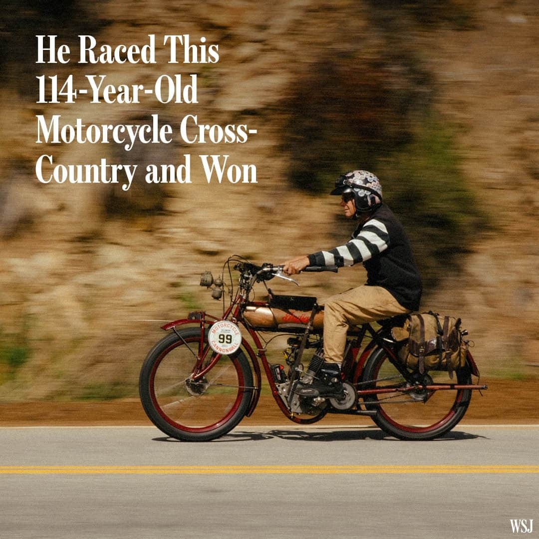 Wall Street Journalさんのインスタグラム写真 - (Wall Street JournalInstagram)「Todd Cameron started rebuilding this 1909 Indian motorcycle to try to win the Cannonball, a coast-to-coast race on antique bikes, after his ride broke down during another attempt in 2018. ⁠ ⁠ The Indian would qualify him for the race’s top class, he said, because it is a single-cylinder motorcycle with no transmission. “I worked on my 1909 Indian all through Covid,” Cameron explained. “I raced it in the 2021 Cannonball and broke a crankshaft halfway. So I set my sights on 2023.”⁠ ⁠ He rebuilt the motor and addressed any part of the bike that could break down. The Cannonball runs through mountain passes, so Cameron trained for a year leading up to the race knowing he would have to use the 3½ horsepower bike’s pedals to get over them. ⁠ ⁠ The race began in Virginia Beach, Va., on Sept. 7, and for 16 days competitors rode about 250 miles each day. “This is the best way to see America—at 40 mph on the seat of a vintage motorcycle,” Cameron said.⁠ ⁠ The racers reached the finish line in Oceanside, Calif., after 16 days and 3,800 miles. Out of 77 riders, Cameron took the top spot riding the oldest bike with the smallest motor.⁠ ⁠ “I was stoked!” he said. “My Indian won overall and was the oldest motorcycle ever to win the Cannonball.” ⁠ ⁠ Read more at the link in our bio.⁠ ⁠ 📷: Stephanie Nortiz for @wsjphotos」10月12日 10時00分 - wsj