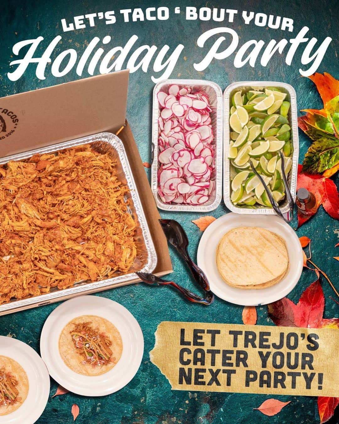 ダニー・トレホのインスタグラム：「Let’s Taco ‘Bout A Good Time!   Order your Trejo's Catering Taco Bar in advance for your upcoming holiday party!  Our easy to set up Taco Bar protein options include our most popular selections, including Steak Asada, Beef Barbacoa, Chicken Tinga with an array of vegan options including Young Jackfruit and Mushroom Asada.  Email us at catering@trejostacos.com for pricing!  #catering #tacos #tacobar #trejostacos #holidaycatering」