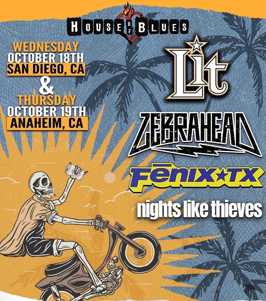 Zebraheadのインスタグラム：「A week from today this little mini run of shows is happening...... Getting excited!! Who we gonna be hanging out with?  Get your tickets to the HOB shows asap.  October 18th - HOB - San Diego, CA - w/Lit, Fenix Tx and Nights like Thieves October 19th - HOB - Anaheim CA - w/Lit, Fenix Tx and Nights like Thieves October 21st - When We Were Young Festival - Las Vegas, NV - w/everyone October 22nd - When We Were Young Festival - Las Vegas, NV - w/everyone」