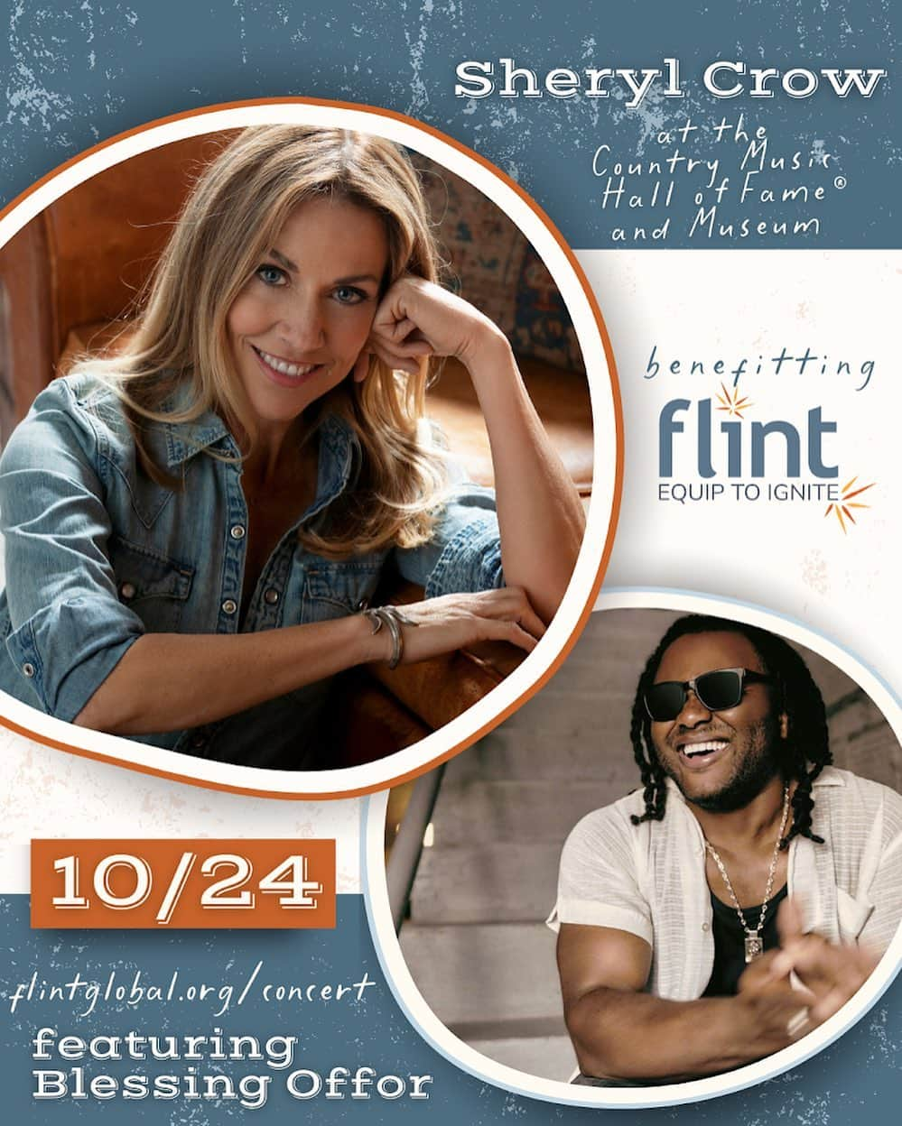 シェリル・クロウのインスタグラム：「Hey y'all! I'm joining my friends @flintglobal to help for a very special Benefit Concert with special guest @blessingoffor at the iconic Country Music Hall of Fame® and Museum in the heart of Nashville. Come out for a great night of music and generosity at an amazing venue! ✨  Together we can help HALF A MILLION PEOPLE break out of poverty! I love this mission and can't wait for Oct 24! Find out more at flintglobal.org!」