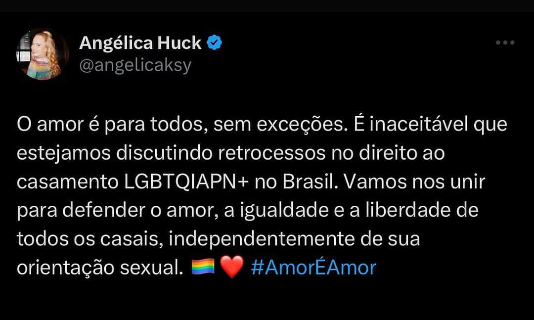 アンジェリカのインスタグラム：「O amor é um sentimento universal que não pode ser restringido ou discriminado de forma alguma. Nossa sociedade avançou tanto na luta pelos direitos LGBTQIAPN+ nos últimos anos e é desolador pensar que esse progresso pode ser revertido....  Hoje, quero reforçar meu compromisso pessoal e inabalável com a igualdade e o respeito por todas as formas de amor. Ninguém deveria ser impedido de celebrar o amor e construir uma vida juntos, independentemente de sua orientação sexual.  Vamos nos unir, mais do que nunca, para proteger e promover os direitos das pessoas LGBTQIAPN+ e continuar lutando por um Brasil onde todos tenham o direito de amar quem desejarem. O amor deve sempre prevalecer sobre o ódio e a intolerância. 🏳‍🌈❤」