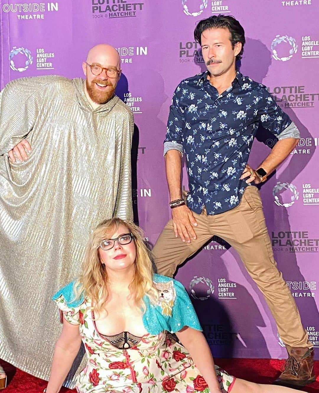 カーステン・ヴァングスネスのインスタグラム：「#nationalcomingoutday here’s me being my queer bisexual self while being flanked by @detrinis & @muchosgarcias @lalgbtcenter where I get to romp about in #lottieplachetttookahatchet aka Queer Heaven created by @justinelizabethsayre this day is important to me because so much heartbreak happens on this planet & open visible queerness is one of one million ways way to heal the heartbreak. Here’s me, waving at you, fellow person on the LGBTQIA++ spectrum (& our friends) in the hopes it can ease someone else’s internalized homophobia or remind them they are valid and deserve safety and atunement. Coming Out Day is a thing that happens multiple times a month, a day. Each time I come out it’s a different cocktail - at its best it’s a mix of vulnerability, pride, bravery & joy but sometimes there’s shame in there, sometimes there’s fear, sometimes there’s a LOT of evil internal chatter. So it’s good to have a day to acknowledge this thing called coming out that many of us do because coming out is brave and wonderful and cleansing. Anything can transform with some air, time, sunshine, deep breaths and radical responsibility. Anything can transform into a more expanded thing, as we continue to come out and out and out we are part of creating a kinder more gorgeous world. Keep coming out. Even if it’s just to you. It counts. 🩷💙💜🌈🏳️‍🌈💥」