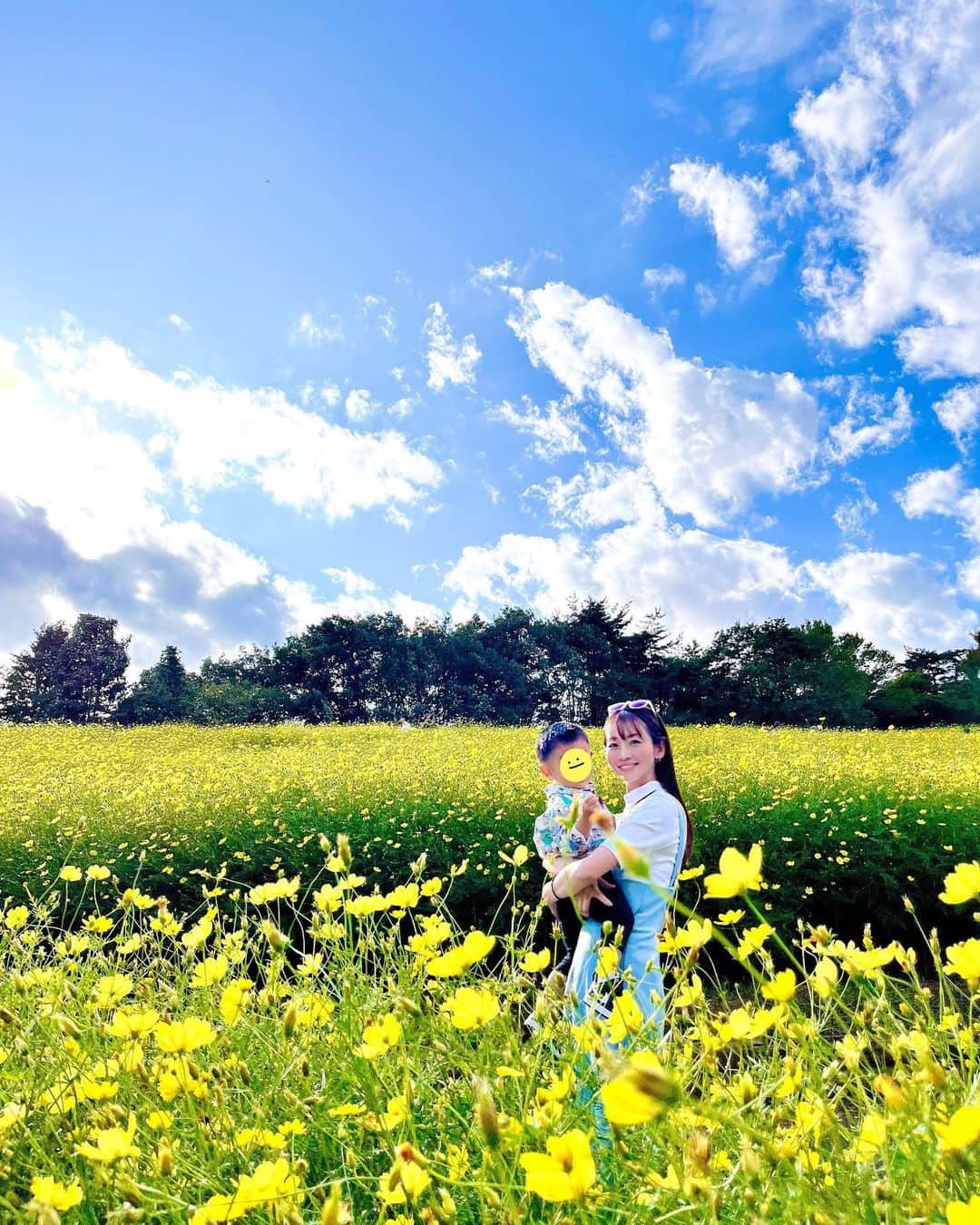 大寺かおりのインスタグラム：「先週行った昭和記念公園💛 黄色いコスモスが満開で綺麗でした☺️ . コスコス畑の少し手前にある隈研吾さん設計の カフェにも寄ってみました☕️ いかにもー！な感じでした🪵 . 久しぶりに息子を高い高いをしたら めちゃくちゃ重くなっててビックリ😇 1秒キープするのもやっとでした。 本当すぐ大きくなっちゃうなぁ。 しみじみ。 . . ただいま体調を崩しておりましてお仕事関係の皆様に ご迷惑をおかけしております😢申し訳ありません。 . 体調不良で仕事を休んだのは多分この10年なかったので RSK時代に交通事故にあったとき以来かと。 (打撲&鼻の骨にヒビが入り1日休みをもらいました) . 来週の復帰に向けて、のんびり過ごしつつ (育児は休めないのでちょっと大変ですが🙂) 息子にたくさん癒してもらってます。 . #秋到来 #昭和記念公園 #男の子ママ #1y9m #子連れお出かけ #みんな大好き隈研吾先生 #カフェ」