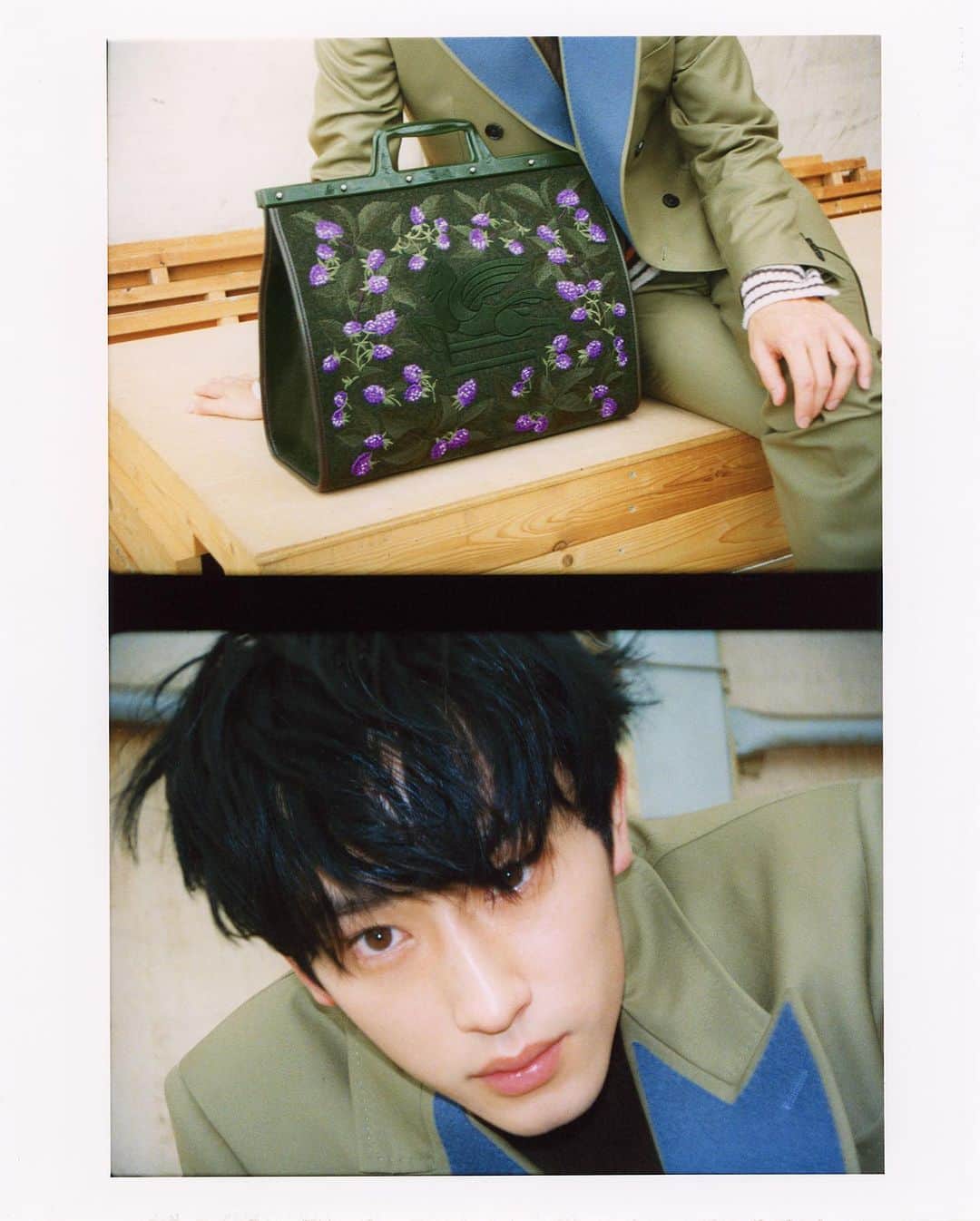 のインスタグラム：「#fashion ETRO with Yosuke Sugino 『杉野遥亮と時を超えて愛されるもの。新たなエトロに身を包んで vol.2』  甘い香りが立ち込めてきそうなブラックベリーと葉のモチーフをあしらったバッグ「ラブトロッター」。フロントにはメゾンのフィロソフィーを示す「ペガソ」ロゴの立体的な刺繍を施した。ラージサイズのトートバッグは、ストラップをつけてショルダーバッグとしても、スタイルとシーンに合わせて使い分けたい。  光沢のあるウールが艶めきをもたらす、爽やかなオリーブカラーのダブルのセットアップ。フェルト調のラペルがコントラストとなり、マルチカラーストライプのニットをアクセントに随所に遊び心が覗く。足元にはタータンチェック柄のウッドソールスニーカーをチョイス。アンティークゴールドのスタッズが煌めく、まったく新しい ETRO のテーラードスタイルが完成。(第2回／全4回)  model: Yosuke Sugino photography: Yuto Kudo videography: Kei Doguchi styling: RIKU OSHIMA hair & makeup: Tsubasa edit&text: Honami Wachi  #tfp #thefashionpost #etro #エトロ #杉野遥亮 #yosukesugino」