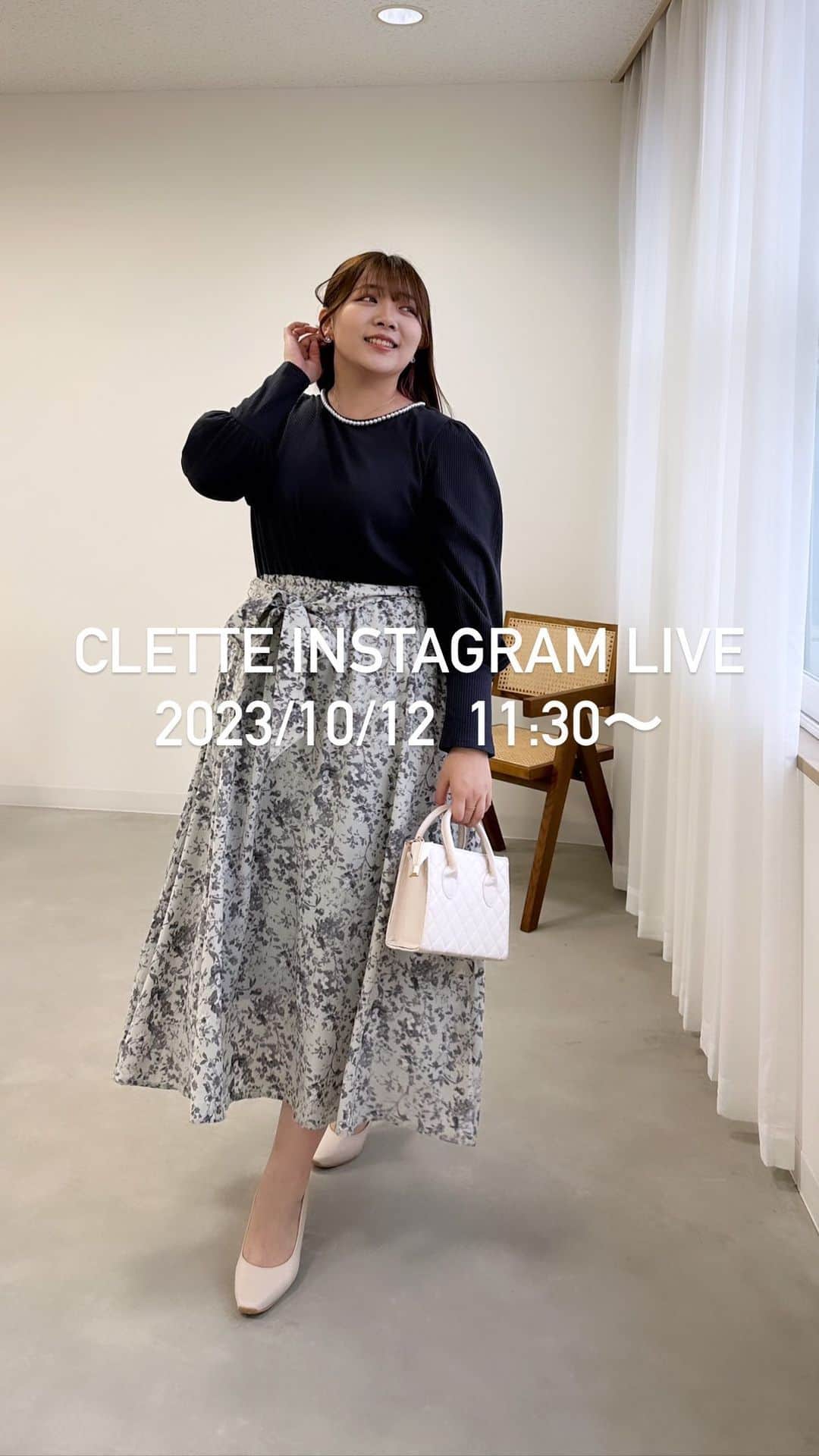 のインスタグラム：「10月 12日  CLETTEInstagramLIVE  【新商品】 e1z173054　CLETTEオリジナル★リボン付きチュール重ねスカート e0z146004　CLETTEオリジナル★フロントスリットリブフレアパンツ b8a191012　CLETTEオリジナル★フリルデザインニット b8a191011　CLETTEオリジナル★スリットフレアスリーブリブニット b4a146121　CLETTEオリジナル★袖オーガンジー花柄ドッキングワンピース b4a146120　CLETTEオリジナル★パール使い花柄ドッキングワンピース」