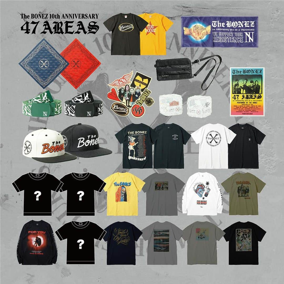 The BONEZのインスタグラム：「【Tour Goods 公開】 いよいよ10/13より10th Anniversary Tour "47 AREAS”後半戦スタート‼︎ 初日のMUSIC ZOO KOBE 太陽と⻁の先行物販は16時より開始予定！  ※尚、先行物販はチケットをお持ちの方が対象となります チケットをお持ちでない方は 開演後の販売となりますので予めご了承下さい。 #thebonez  #骨から気合い」