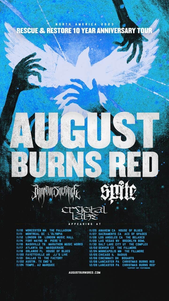 Crystal Lakeのインスタグラム：「Yo North America! 🇺🇲 🇨🇦 We're rolling through like a freight train in just under 1 month. 💪  @AugustBurnsRed | @BrandofSacrificemetal | @Spiteofficial  Get your tickets now before it's too late. 🤘  [Ticket link is in our bio & @ augustburnsred.com]  #AugustBurnsRed #BrandofSacrifice #SpiteCult #CrystalLake」