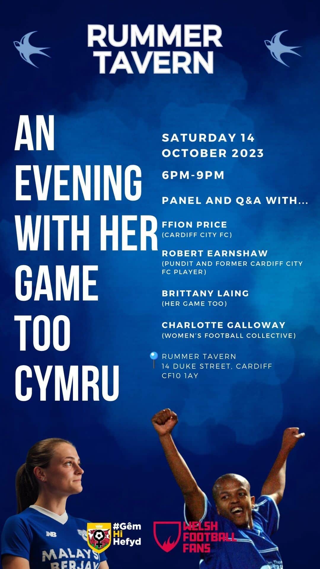 ロバート・アーンショウのインスタグラム：「2️⃣ days to go!  An Evening with Her Game Too Cymru is just around the corner! Come and get your football fix during the international break ⚽️  🎤 We’ll be talking Her Game Too, Cardiff City and Cymru with Rob Earnshaw, Ffion Price, Charlotte Galloway from Women’s Football Collective and Cardiff City’s HGT ambassador Brittany Laing!   💛 We’re set for a great night at the Rummer Tavern in Cardiff!  Don’t miss out, link in bio or search ‘An Evening with Her Game Too Cymru’ on seetickets.com 🔗」