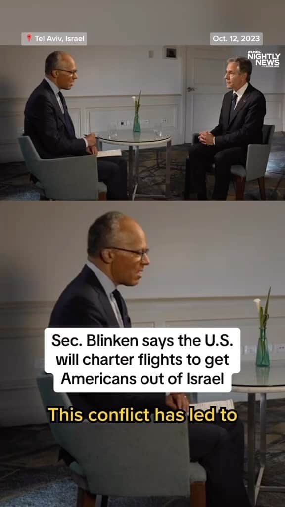 NBC Newsのインスタグラム：「Sec. Blinken explains how the U.S. is planning to facilitate the travel of Americans out of Israel with so many carriers suspending operations.」