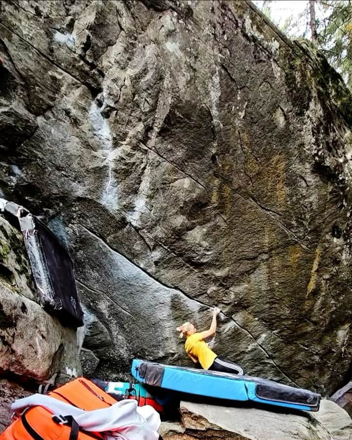 ヤンヤ・ガンブレットのインスタグラム：「NEW BASE LINE 8B+ ✅  Came here with no expectations. My goal of the trip was to get back to climbing after a rest and climb as many different boulders as I can. Of course I couldn’t resist not trying this amazing line. Checked out the moves on my first session, felt really solid and already close to sending. On the send day I felt so tired and I doubted if I should even try it, still walked up to the boulder and surprised myself with a send on my 2nd try of the day. Soo psyched how quickly it went down!! 🤩   I will be back soon! 🔥  Other sends of the trip: Jack’s broken heart 8a/a+ (flash) Left hand of darkness 8a/+a (flash) Massive attack 8a+ Foxy Lady 8a Muttertag 8a Octopussy 8a  Sofasurfer 8a/a+ Right hand of darkness 7c+/8a Unendliche geschichte 7c+/8a  📸 @vladek_zumr」