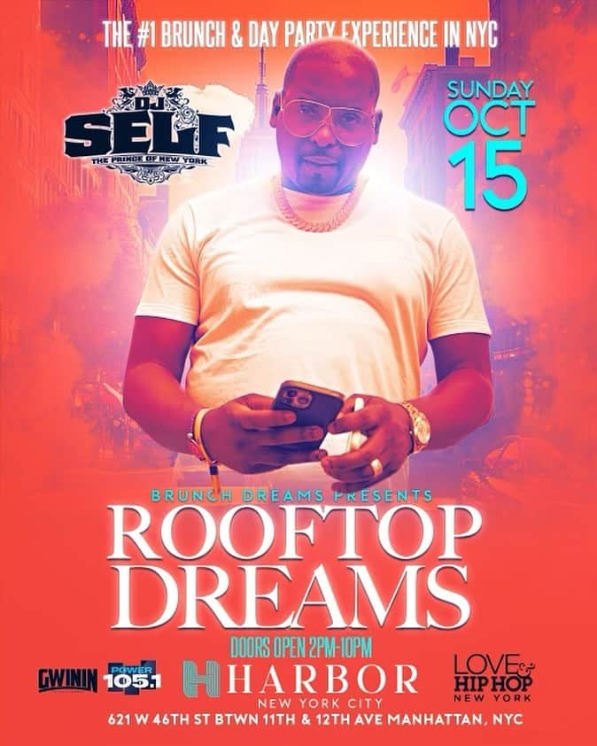 DJ Selfさんのインスタグラム写真 - (DJ SelfInstagram)「Sunday Oct. 15th  #BrunchDreams Presents: #RooftopDreams w/ @djself  @harbornewyorkcity ROOFTOP 621 W 46th St Btwn 11th & 12th Ave Manhattan, NYC  All Day Brunch & Day Party Experience ‼️  Doors Open 2pm-10pm  Two 2 Hour Brunch Seatings Options  2pm-4pm GROUPS OF 4 OR MORE FEMALES PAID IN FULL COMES WITH A FREE HOOKAH & FREE BARTENURA  Or 4pm-6pm  6pm-10pm Day Party  $60 Per Person Brunch Comes With 1 Entree & 2 Hours Of Unlimited Bartenura Mimosas Or Ron Abuelo Rum Punch  Brunch Dreams Menu:  Waffles With Chicken or Shrimp  Grilled Lamb Chops With Roasted Potatoes & Sautéed Spinach ($10 Upcharge)  Brunch Dreams Beef Sliders (2) With, Chipotle Sauce, Arugula, Tomato& Cheese sauce Served With Fries  Wings (Buffalo, BBQ, Lemon Pepper, Garlic Parm, Thai Sweet Chili) With Fries Or Side Salad  Pan Seared Shrimp With Fries  Sides To Order French Fries  Garden Salad (Mixed Greens W/ Carrots Tomato & Cucumber) Tossed In Dressing $10, With Chicken Add $5, With Salmon Or Shrimp Add $7  Pre order Bottle Specials Starting At 2 For $500 with the exception of 1942, Azul, Ace Of Spade etc.  Deposit Required To Confirm Seating and For Pre Order Bottle Specials  To Celebrate Any Occasion, Reserve A Table Or For More Info Text: 347-709-8380」10月13日 4時58分 - djself