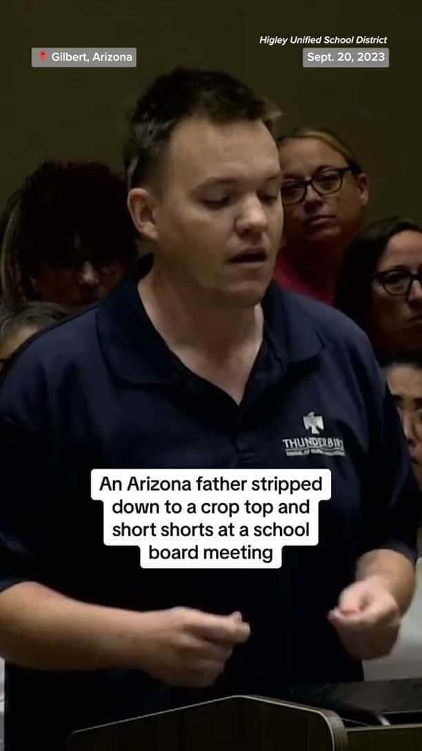 NBC Newsのインスタグラム：「An Arizona father stripped down to a crop top and jean shorts at a school board meeting to protest a school dress code.」