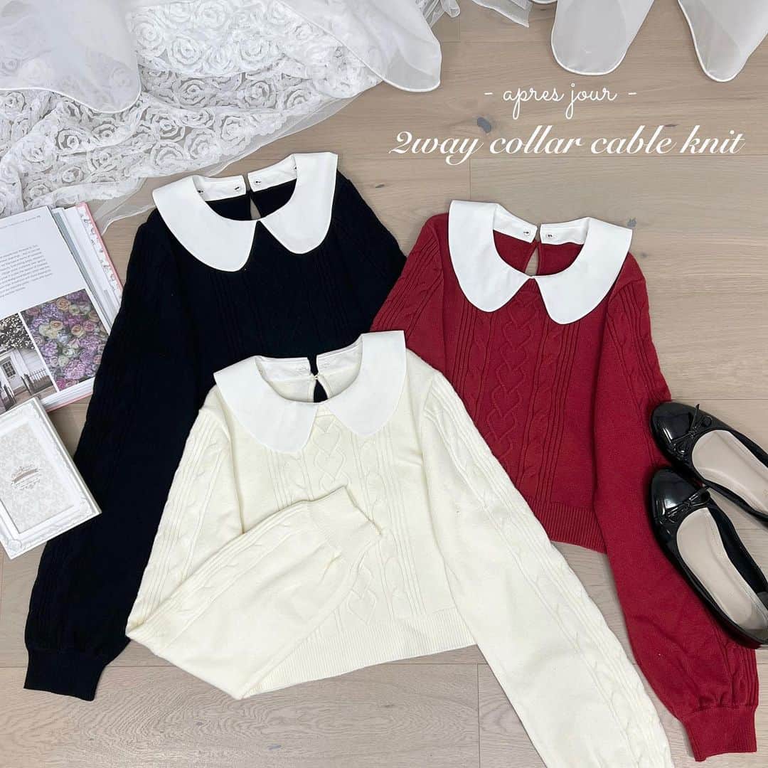 apres jour(アプレジュール) のインスタグラム：「【new arrival🎀】10/12(thu) 21:00〜 ⁡ ◆ハート柄の編み地が可愛いニットトップス♡ ⁡ もちっとした生地が肌触りの良いニッㇳ◎ フロントのハート柄の編み地が可愛らしいポイント！ ⁡ ややコンパクトな丈感で、ボトムにインすることはもちろん、アウトしても着用できます。 スカートにもパンツにも合わせられる優秀アイテム◎ ⁡ 襟は内側のボタンで取り外し可能になっておりシンプルなニットとしてはもちろん、 お持ちのつけ襟や、タートルネックなどを首元から覗かせても可愛いこと間違いなしです！ ⁡ ⁡ #2WAY配色襟ケーブルニット 商品番号🔎984374 サイズ…F/XL ￥4,595(taxin) ⁡ ⁡ こちらの画像はインスタ用に加工しておりますので、カラーの雰囲気が実際の商品と異なる場合がございます。 商品ページにてカラーのご確認をお願い致します。 ⁡ #ZOZOでしか買えない #アプレジュール #アプレ部」