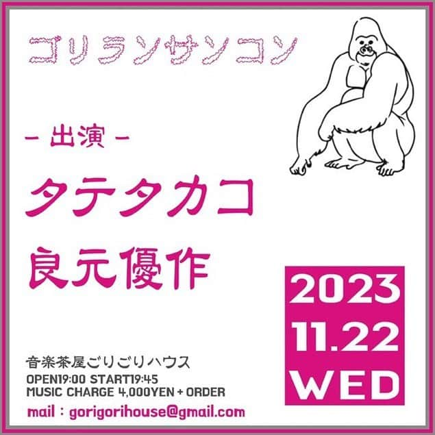 タテタカコさんのインスタグラム写真 - (タテタカコInstagram)「良元優作さんとごりごりハウスにてご一緒させていただきます。  🦍ごりおしツーマン🦍  11/22(水) 音楽茶屋ごりごりハウス (埼玉県越谷市越ヶ谷１丁目１２−１９ Ⅱ1F 柴田ビル)  [ゴリランサンコン]  開場19:00  開演19:45 入場4,000YEN+オーダー  -出演- タテタカコ 良元優作  予約 gorigorihouse@gmail.com  HP ongakujaya-gorigorihouse.com  #越谷 #埼玉 #ライブ」10月12日 20時38分 - tatetakako