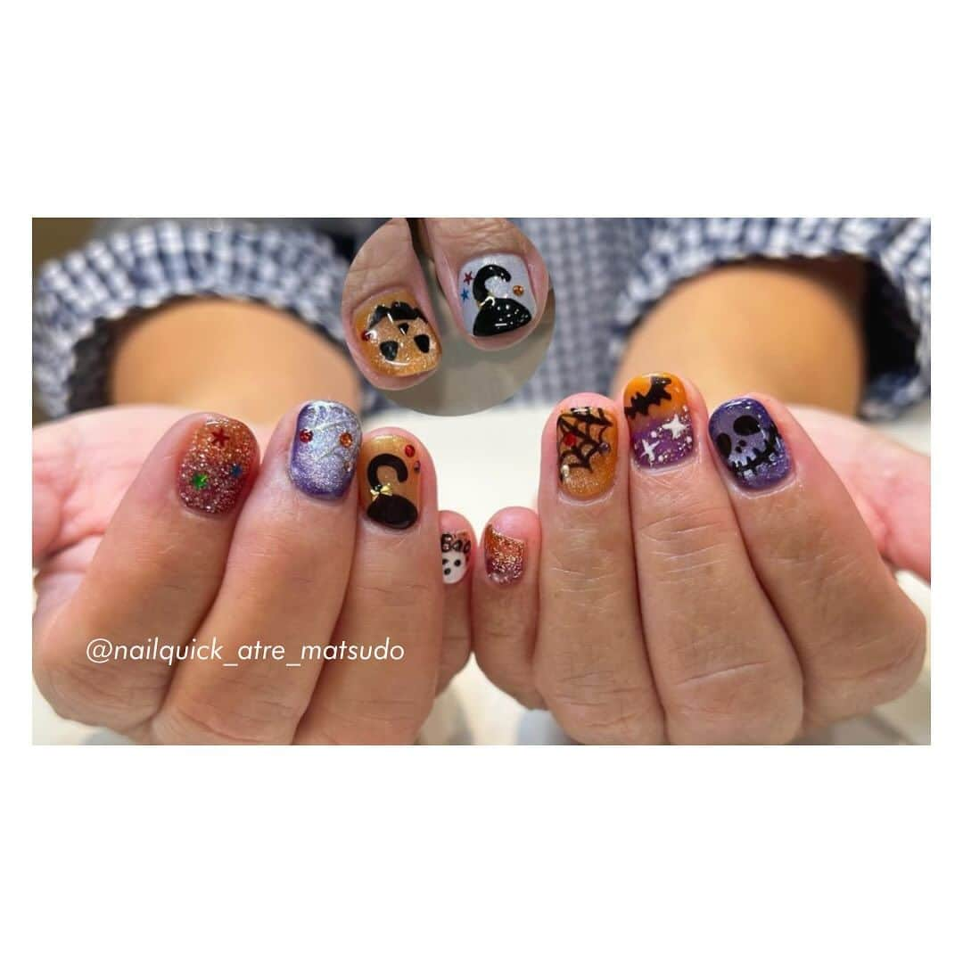 ネイルサロンならネイルクイックさんのインスタグラム写真 - (ネイルサロンならネイルクイックInstagram)「@nailquick ハロウィンネイル👻🎃🍬⁣ ⁣ 〰️🏷①⁣ @nailquick_aobadai ネイルクイック青葉台店⁣ ⁣ ⁣ 〰️🏷②⁣ @nailquick_atre_meguro ネイルクイックアトレ目黒店⁣ ⁣ ⁣ 〰️🏷③④⁣ @nailquick_shinyokohama⁣ ネイルクイック新横浜プリンスぺぺ店⁣ ⁣ ⁣ 〰️🏷⑤⑥まいめ⁣ @nailquick_lusca_chigasaki⁣ ネイルクイックラスカ茅ヶ崎店⁣ ⁣ ⁣ 〰️🏷⑦まいめ⁣ @nailquick_atre_kameido⁣ ネイルクイックアトレ亀戸店⁣ ⁣ ⁣ 〰️🏷⑧まいめ⁣ @nailquick_atre_matsudo⁣ ネイルクイックアトレ松戸店⁣ ⁣ ⁣ ⁣ ⁣ ⋱⋰ ⋱⋰ ⋱⋰ ⋱⋰ ⋱⋰ ⋱⋰ ⋱⋰⁣ ⁣ デザインに使われているカラー、ストーン、パーツ等に関しましては、店舗によって在庫状況が異なります。⁣ 在庫切れの場合は、似ているカラー、ストーン、パーツをご案内させていただくことがございますので、あらかじめご了承ください。⁣ ⁣ ⁣ パーツの持ち込みOK です🙆🏼‍♀️⁣ ━━━━━━━━━━━━━━━━━━⁣ 📲@nailquick ネット予約のメニュー⁣ ⁣ 【ハンド】ジェルコース＋フレンチなどお好みのアート両手4本以上（税込8800円＋アート代別）（目安:1時間45分） ⁣ ━━━━━━━━━━━━━━━━━━⁣ ⁣ ⁣ ⋱⋰ ⋱⋰ ⋱⋰ ⋱⋰ ⋱⋰ ⋱⋰ ⋱⋰⁣ ⁣ ⁣ 🟫#ネイルサロン は @nailquick⁣ 🟪#ジェルネイル は @nailparfaitgel⁣ ⬜️#ハンドケア には @spanail_product⁣ ⁣ ⁣ ⁣ 🤚🏼✋🏼 #ネイルクイック⁣ ⁣ お爪の健康を考えたネイル専門店⁣ ケア、マニキュア、ジェルネイル、お客さまのご要望やお爪の状態を伺い、一人ひとりにあうメニューをご提供します。⁣ ⁣ ⋱⋰ ⋱⋰ ⋱⋰ ⋱⋰ ⋱⋰ ⋱⋰ ⋱⋰⁣ ⁣ ⁣ #ハロウィンネイル #ハロウィンネイルデザイン #ハロウィンアート #おばけネイル #Halloweennails #boo! #トレンドネイル #流行りネイル #할로윈네일 #手描きネイル #ペイントネイル」10月12日 21時41分 - nailquick