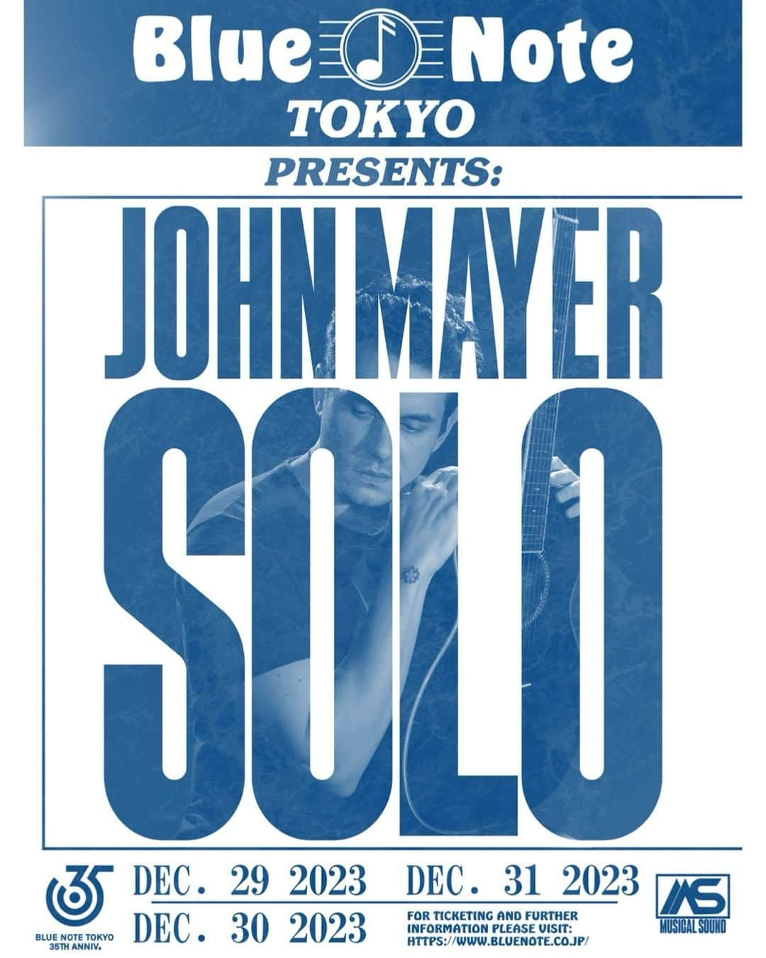 ジョン・メイヤーのインスタグラム：「JOHN MAYER SOLO ジョン・メイヤー ソロ 2023 12.29 fri., 12.30 sat., 12.31 sun.  I can’t think of a better way to celebrate a year of musical adventure than by closing out 2023 with a run of New Year’s shows at the world famous Blue Note in Tokyo, Japan. It’s been a dream of mine to play @bluenotetokyo and I can’t wait to return to Japan.  For more information, visit bluenote.co.jp」