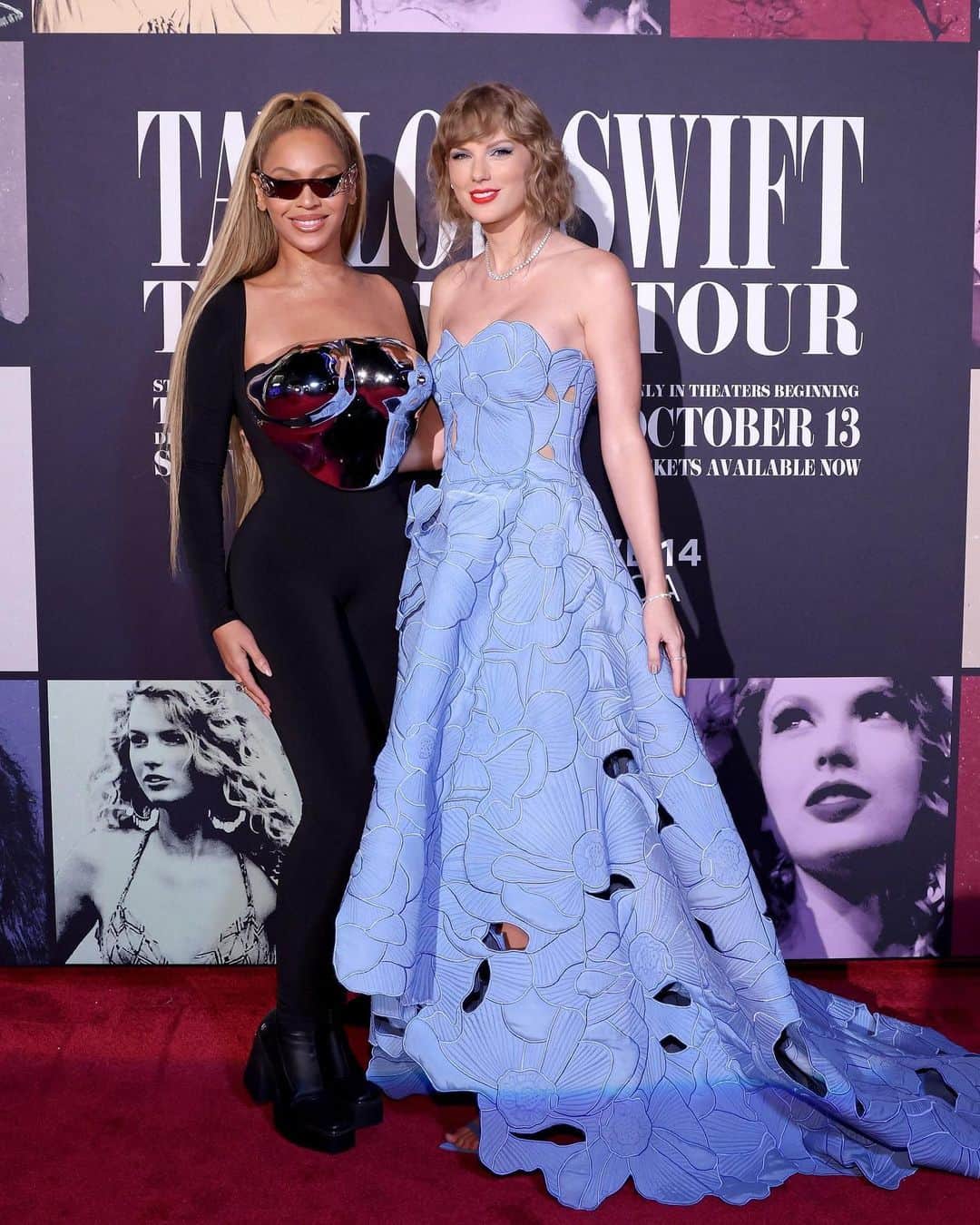 Vogueさんのインスタグラム写真 - (VogueInstagram)「Two of the biggest fan bases have a reason to celebrate together today. Last night, @beyonce showed her support for @taylorswift by attending the premiere of the highly-anticipated “Eras Tour” concert film in Los Angeles. Capping off a summer of record-breaking performances from both artists, the moment speaks volumes—we love to see our favorite pop queens winning, and it’s even more heartwarming when they stand by each other. And let’s talk about the looks! For this red carpet moment, Queen Bey wore a futuristic-looking black long-sleeve leotard complete with a metallic silver breastplate crafted by LaQuan Smith, black lace-up combat boots and gold wrap-around futuristic sunglasses. In contrast, Taylor opted for a powder blue strapless Oscar de la Renta gown, a look fit for a princess.  Both looks couldn’t be more different, and yet, they’re perfect together for one very important reason. Tap the link in our bio for details.」10月12日 22時22分 - voguemagazine