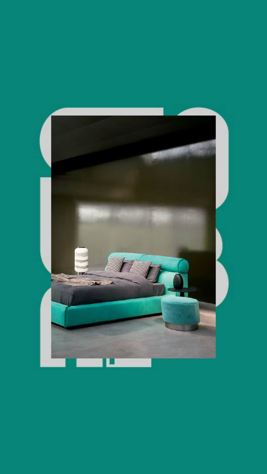 Baxterのインスタグラム：「MOOD BOOK 2023 ✨  A plunge into aquamarine, designed to contrast with concrete and black-stained solid ash  Ph. @andreaferraristudio   #baxtermadeinitaly #moodbook2023 #leather #design #interiordesign #madeinitaly #milan #italy #luxury #interior #collection2023 #newcollection」