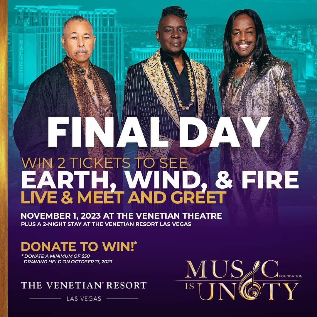 アース・ウィンド・アンド・ファイアーのインスタグラム：「It's the Grand Finale! Our Earth, Wind & Fire Giveaway ends TONIGHT, and you could be the lucky winner of an unforgettable night in Vegas. Enter now by donating a minimum of $50 and let's turn up the volume on your life's soundtrack! Click link to enter https://www.musicisunity.org/. #EWFVegasGiveaway #GrandFinale #EnterToWin」