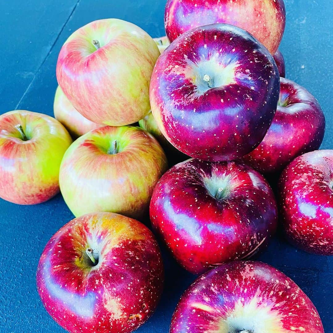 CANDLE JUNEのインスタグラム：「今年も長野ポンド童のリンゴ収穫させてもらいました。今日からショップとLFNオンラインショップで販売してます。だいすきな秋映です。是非しっかり拭いて磨いて皮ごと食べてみてください。 #lovefornippon #リンゴスタープロジェクト #ポンド童 #長野 #秋映」